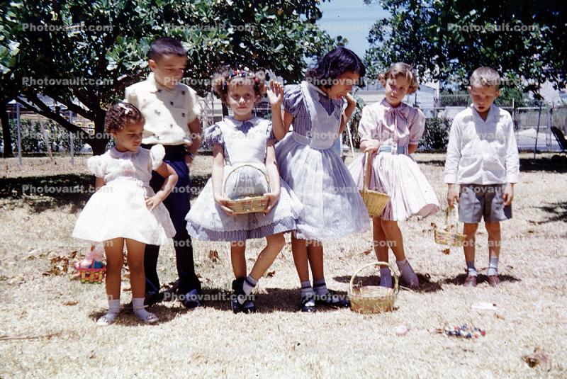 girls, boys, Easter Baskets, Eggs, socks, dress, 1950s