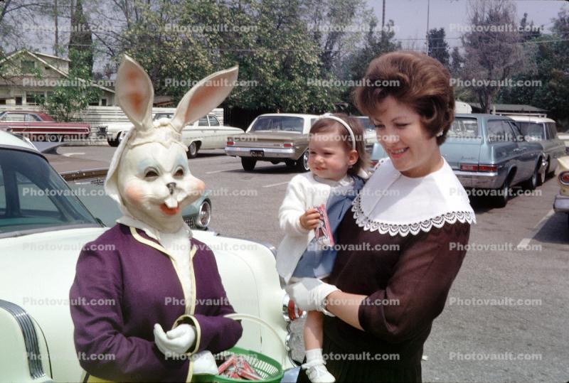 Rabbits, Bunny, Eggs, Girl, Woman, toddler, cars, April 1966, 1960s