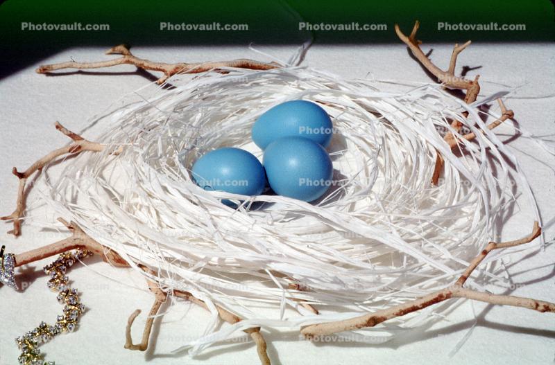 Blue eggs, paper nest, jewelry, twigs