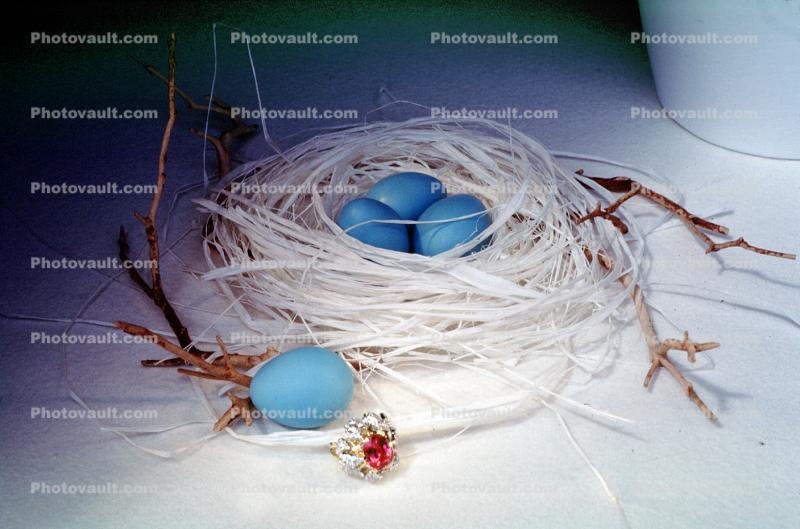 Ruby Ring, Blue eggs, paper nest, jewelry, twigs