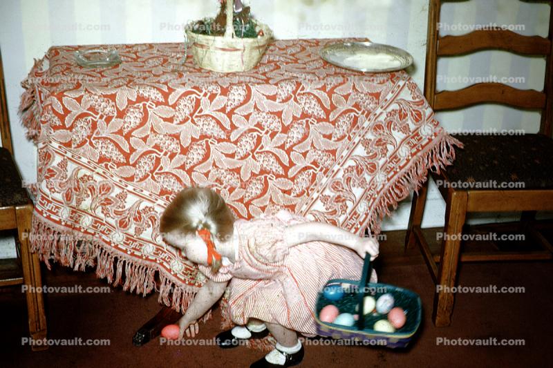 Eggs, Basket, Hunt, Tablecloth, 1950s