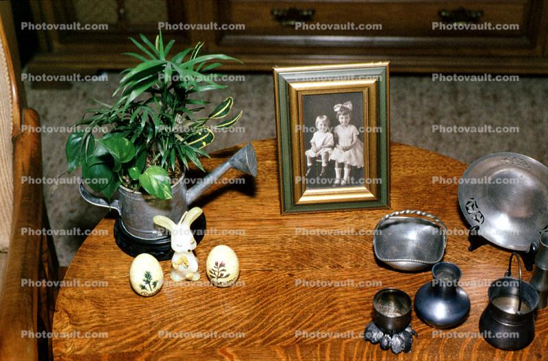 Easter, Eggs, Table, Picture frame, Plant, Plates, 1950s