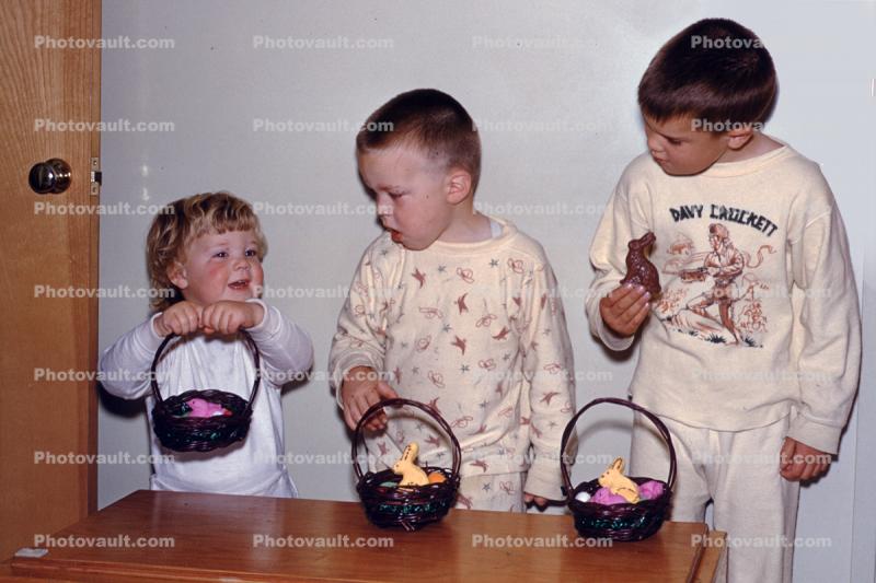 Sister with her Brothers, Easter Baskets, Pajama, 1950s
