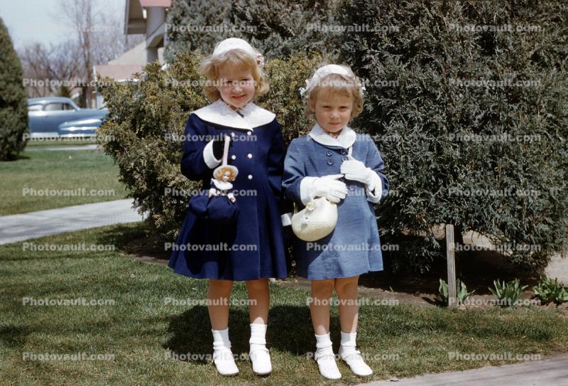 Two Easter Girls, Formal Dress, Purse, cute, sweet, April 1955 1950s