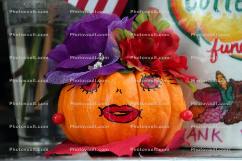 Pumpkin Girl, face, smiles, flowers