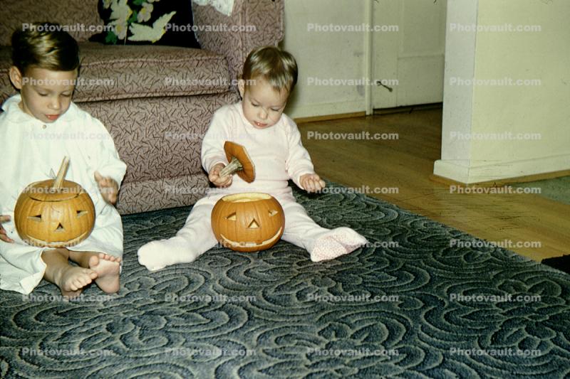 Pumpkin, Carpet, Boy, Girl, Toddler, Pajama, boys, onesie, 1950s, nightwear