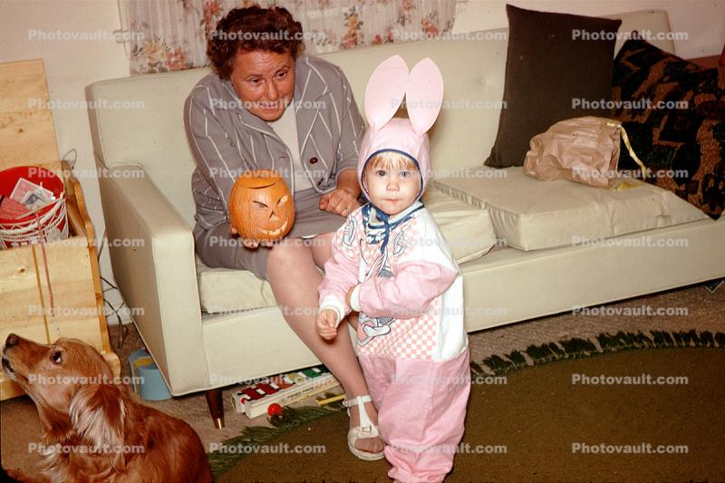 Bunny Rabbit, Ears, Pumpkin, Sofa, Furniture, Mother, Pink Suit, Ocotber 1969, 1960s