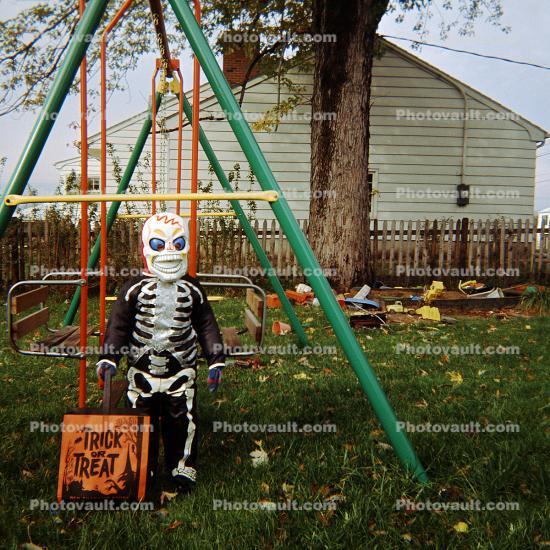 Skeleton Costume, backyard, Gym ?et, swing, Ocyober 1962