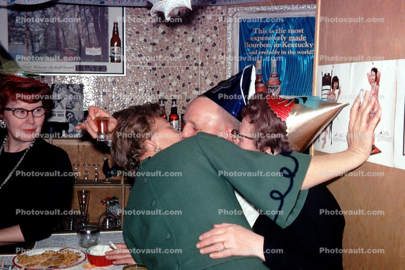 Kissing, Couple, Party Lady, Booze, Bar, Drunk, Basement Bar, 1950s