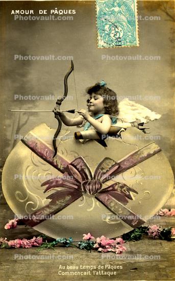 Amour de Paques, Bow and Arrow, Cupid, Girl, Springtime, ribbon, RPPC, Stamp
