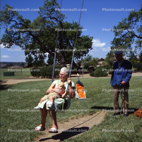 Grandmother, Lawn, Trees, Swing, Grandfather, Baby, Grandchild, 1960s