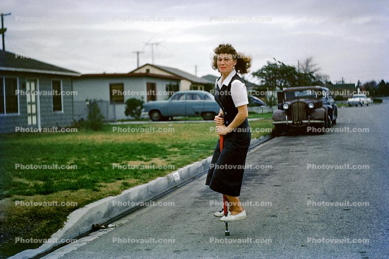 Pogo Stick, Woman, Car, Automobile, Vehicle, 1950s