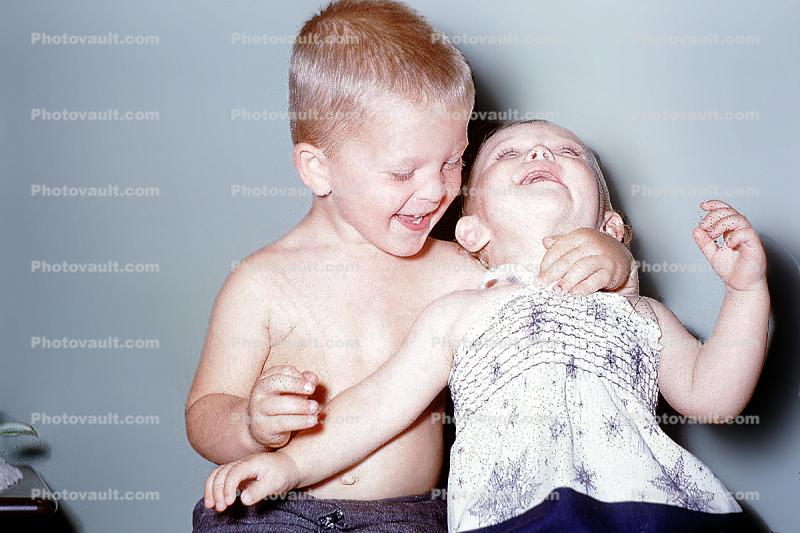 Female, Girl, Boy, Male, Guy, Masculine, laughing, hilarious, sweet, affection, 1950s