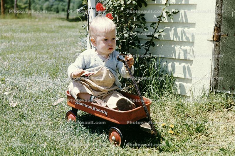 boy and his wagon, American Beauty wagon, baby boy, 1960s