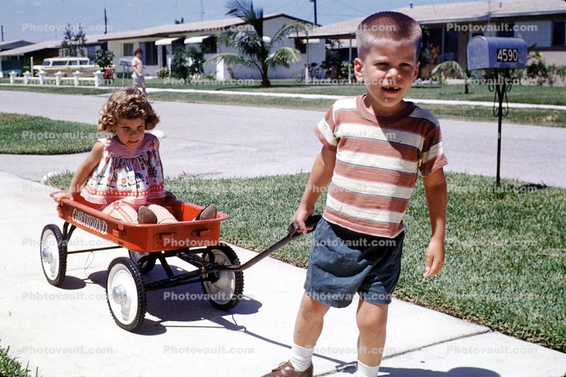 boy, girl, brother, sister, wagon, mailbox, sidewalk, 1960s