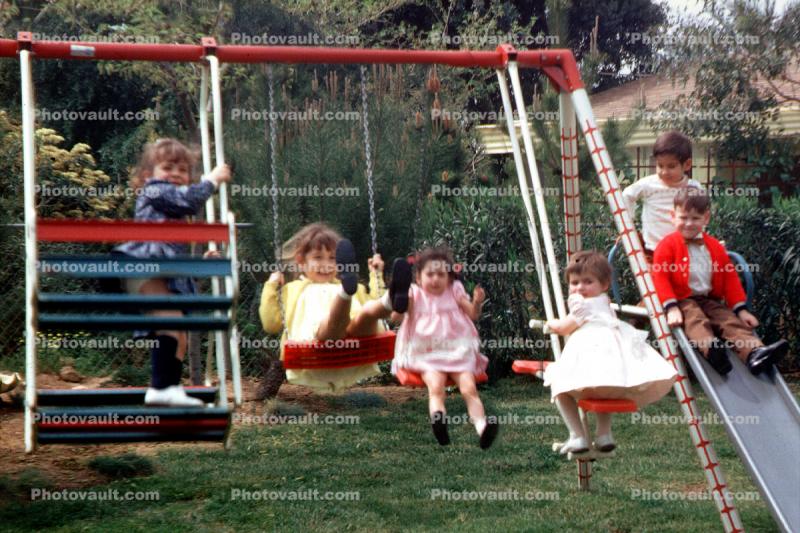 swing set, slide, backyard, lawn, smiles, smiling, cute, 1950s