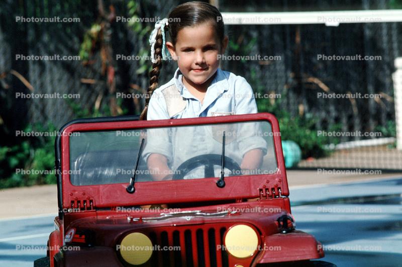 Toy Jeep, Girl, Smiles, head-on