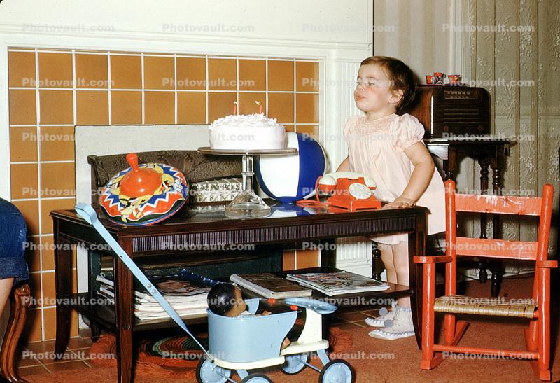 Carriage, Rocking Chair, Doll, Dial Telephone, Cake, 1950s