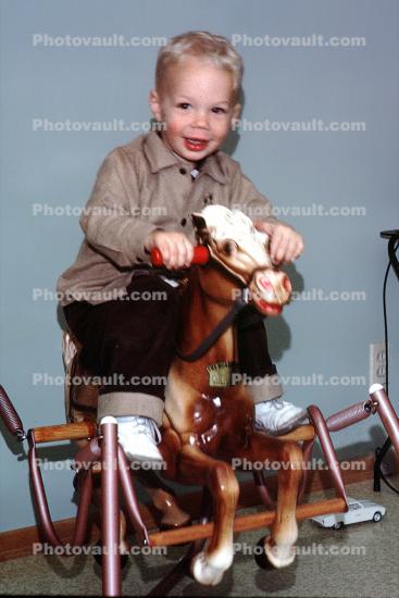Rocking Horse, Boy, smiles, fun, 1950s