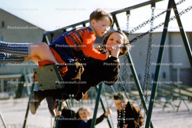 Boy and Girl on Swing, Swinging, Tandem, 1950s