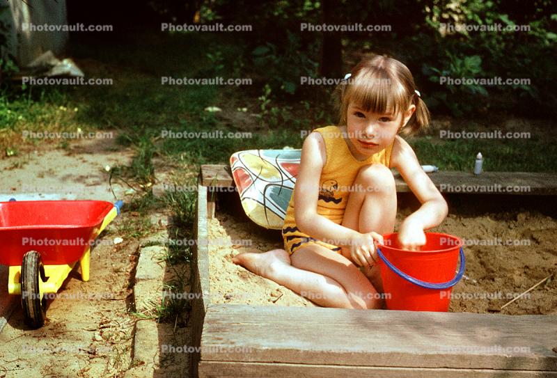 Sand Box, Pail, Wheelbarrow, Girl, Backyard, 1960s