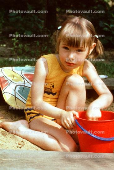 Sand Box, Pail, Girl, Backyard, 1960s