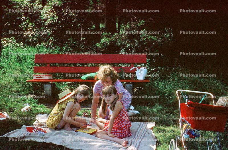 Girls, Sisters, Mother, Bench, Backyard, Carriage, Girl, Playing Board Game, 1960s