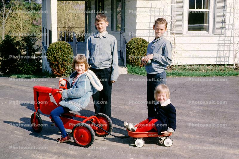 Tractor, Girls, Boys, Brothers, Sisters, Siblings, Cold, Jackets, Stockings, Smiles, Pedal Car, Hyspeed Wagon, April 1964, 1960s