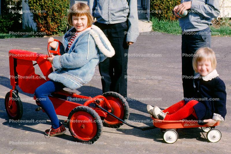 Tractor, Girls, Hyspeed Wagon, Cold, Jackets, Stockings, Smiles, Hats, Coat, path, Pedal Car, April 1964, 1960s