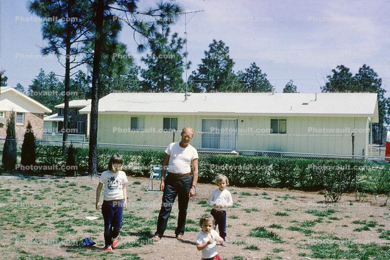 Father, Children, Backyard, Girls, Home, House, Single Family Dwelling Unit, 1950s