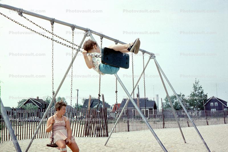 Girl, Swing Set, Swinging, July 1956, 1950s