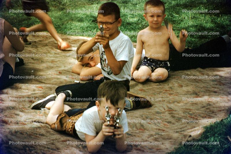 Boys, Guns, Sand, Backyard, Sandbox, 1950s