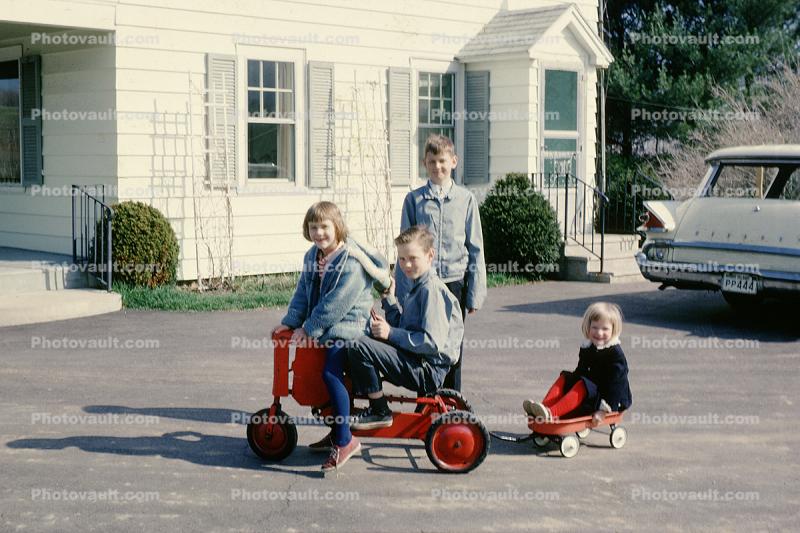 Brother, Sisters, Siblings, Tractor, Wagon, Cold, March 1964, 1960s