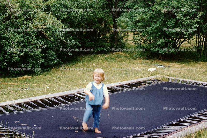 Trampoline, Girl, Barefoot, Backyard, June 1967, 1960s
