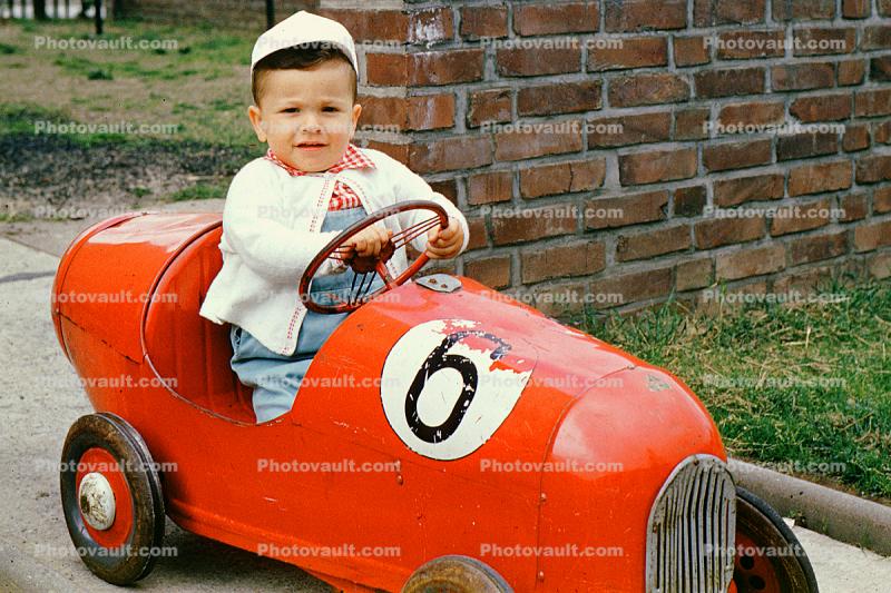 Boy, Driving, Pedal Car, Race Car, 1950s