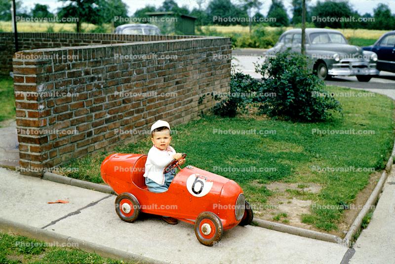 Boy, Driving, Pedal Car, Race Car, brick wall, 1940s