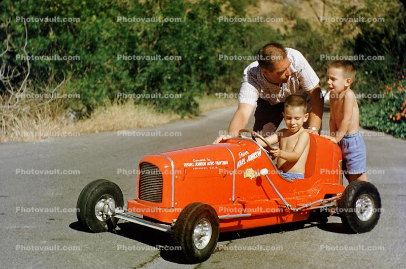 Red Race Car, Pedal car, Boys, Driving, Father, Son, Race Car, Russell Johnson Auto Painting, Hollywood California, 1950s
