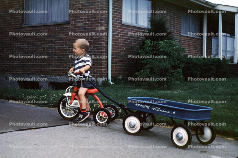Boy, Tricycle, Rex Rocket Wagon, Home, House, June 1960, 1960s