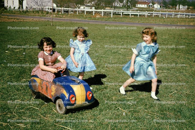Pedal Car, Girls, laughing, smiles, formal dresses, dress, Akron Ohio, 1950s