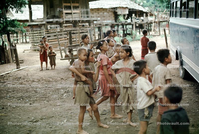Children Playing in Thailand, houses, homes, buildings, Hill Tribes, Chiang Mai, 1970