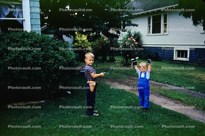 Stick em Up!, boys playing with toy guns, hands up, cute, funny, 1950s