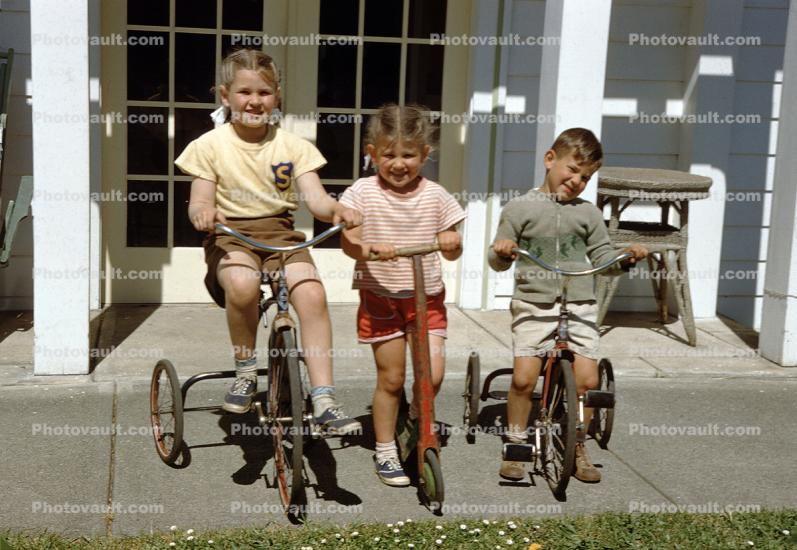 Girl, Boy, Tricycle, scooter, sister, brother, siblings, Whiffen Pass, 1950s