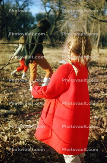 Girl in a Red Coat, pigtails, hunting mistletoe, December 1964