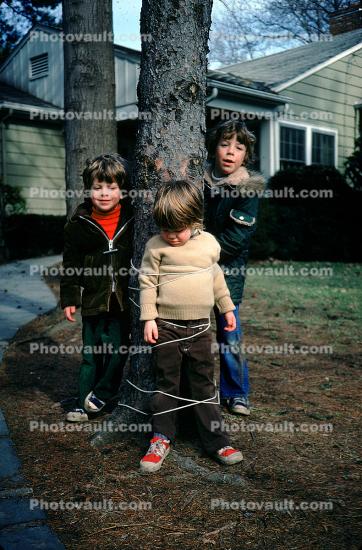 Boys Tied up to a Tree, rope, funny, brothers