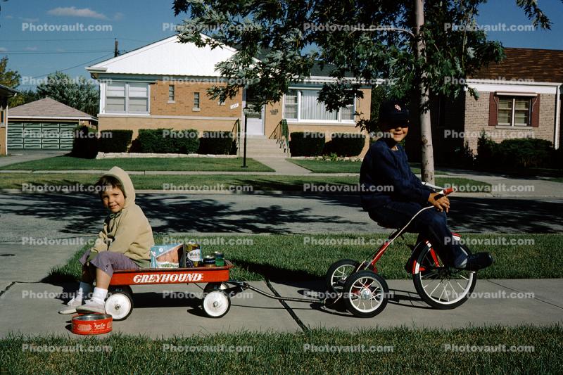 Greyhound Wagon, Girl, Boy on a Tricycle, suburban, home, September 1962, 1960s