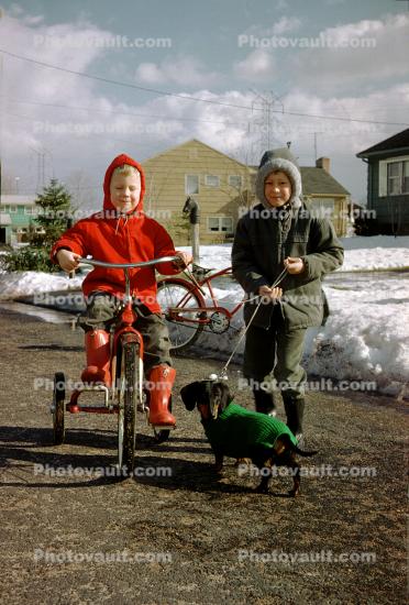 Girl on a Tricycle, boots, jacket, cold, snow, wiener dog, 1950s