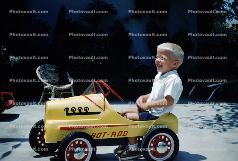Peddle Car, Hot-Rod, smiling boy, July 1960, 1960s