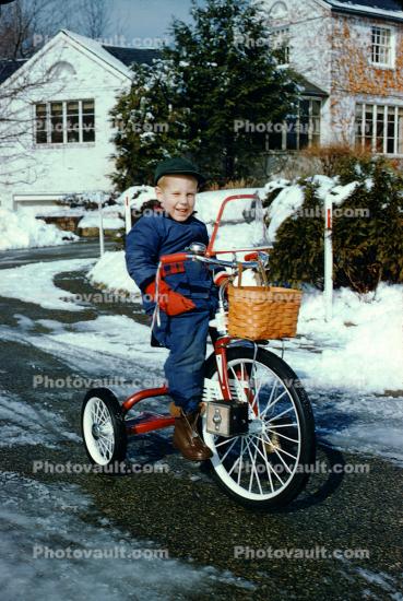 Boy on his Fancy Tricycle, basket, snow, ice, Winter