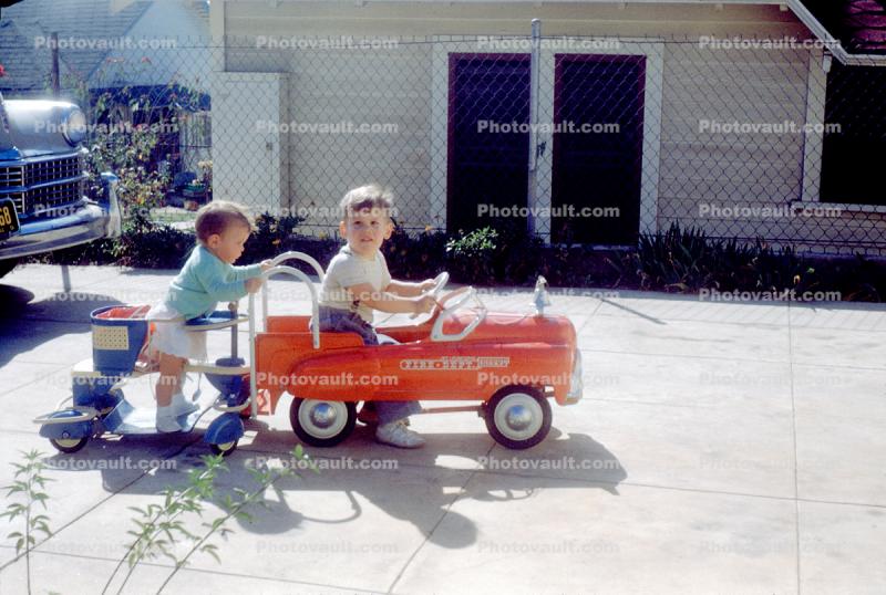 Pedal Car, Firetruck, Boy, Girl, backyard, 1950s