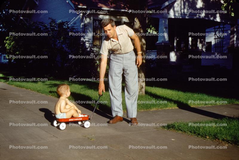 Little Boy on a Little pull Wagon, Dad, Son, 1950s